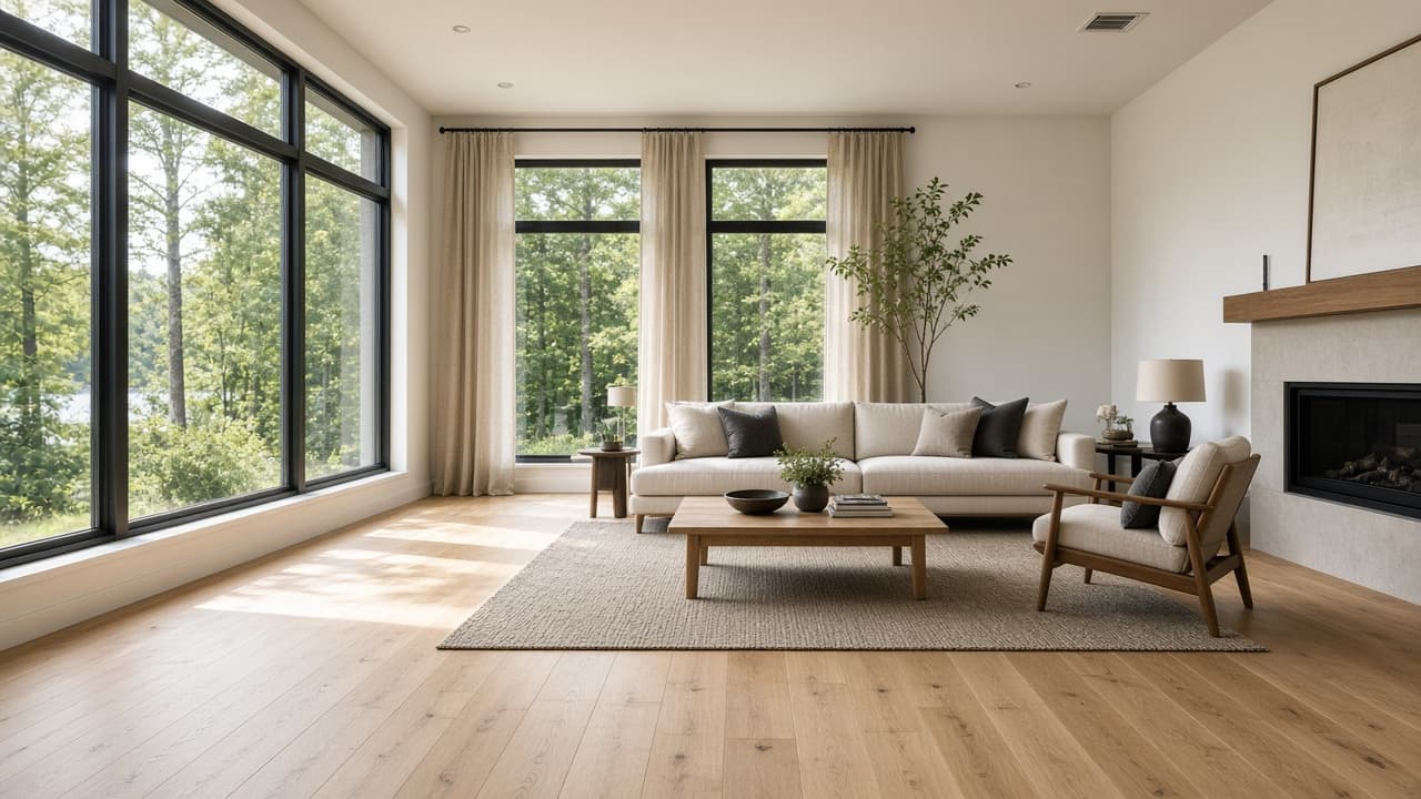Sunlit living room with wide-plank oak flooring
